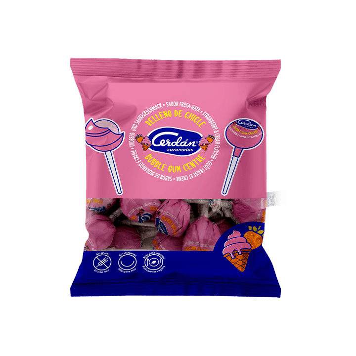 Strawberry & cream lollipop with bubble gum 15.5 g Cerdán Caramelos - Distribución Mayorista