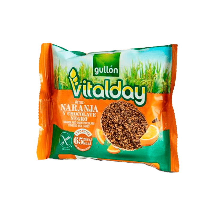 Tortitas de Arroz con Chocolate Negro y Naranja Vitalday 34,3g - Distribución Mayorista